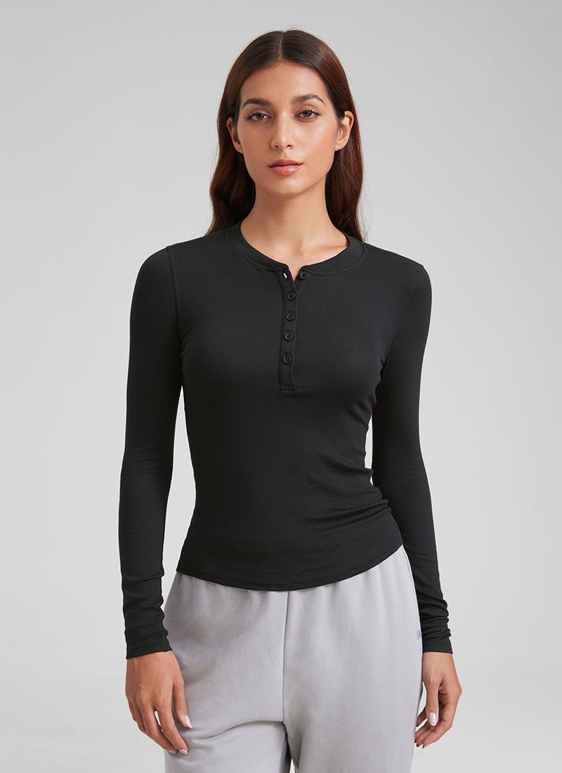 Ribbed Modal Henley Long Sleeve
