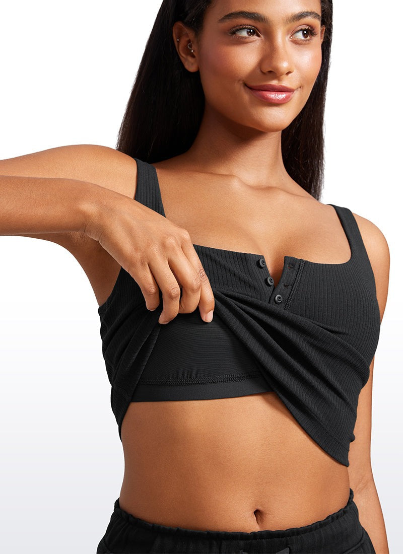 Ribbed Henley Neck Built in Bra Tank
