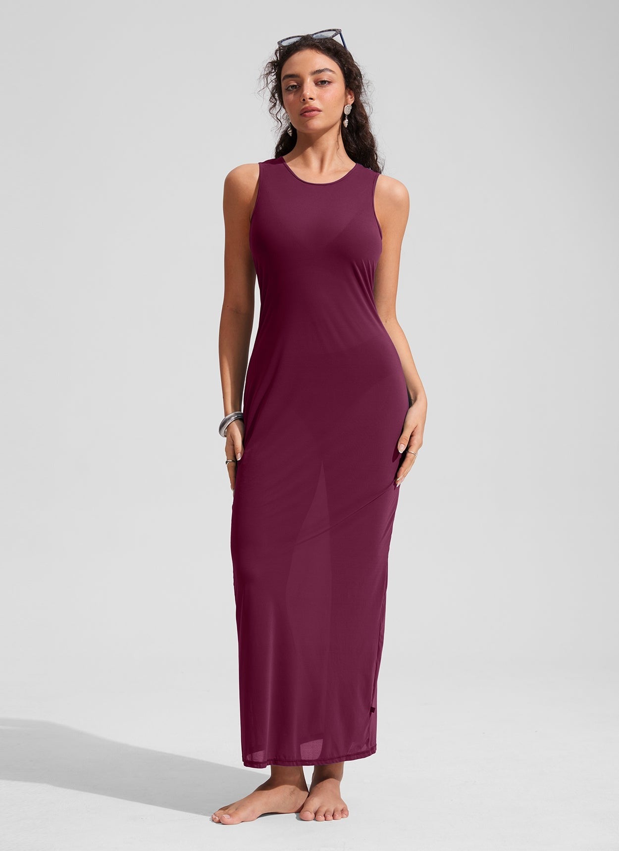 Mesh Midi Sleeveless Swimsuit Coverup with Back Slit