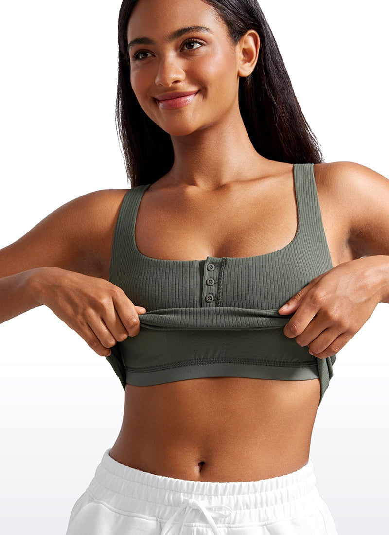 Ribbed Henley Neck Built in Bra Tank