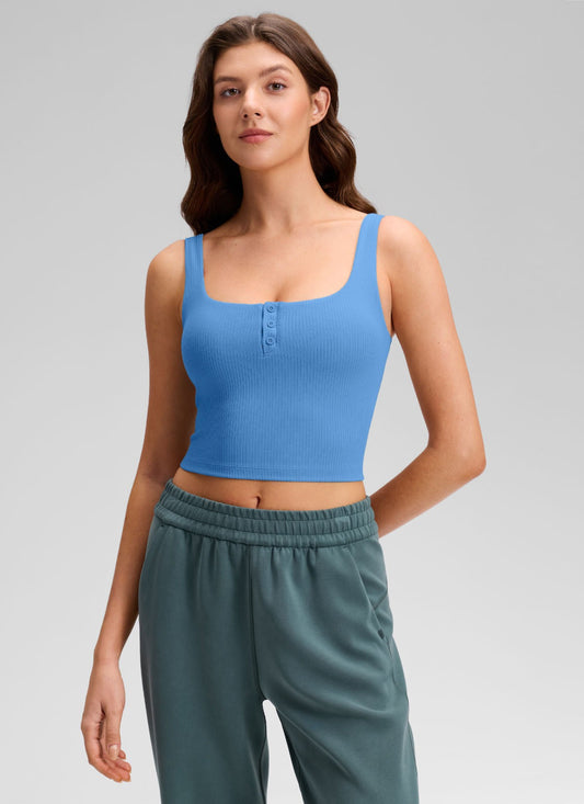Ribbed Henley Neck Built in Bra Tank