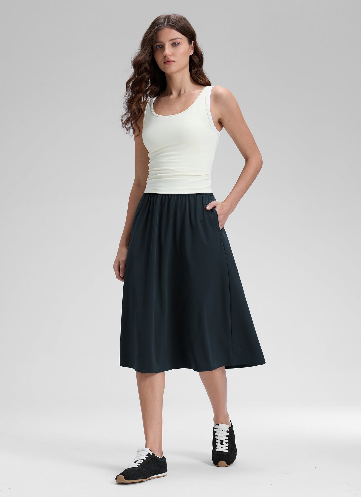 Feathery-Fit Drapey Pockets Midi Skirt