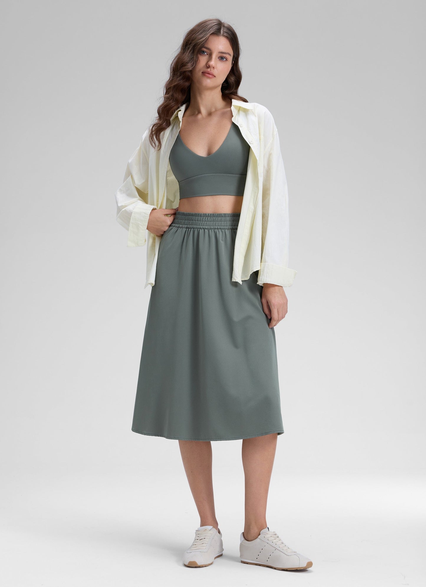 Feathery-Fit Drapey Pockets Midi Skirt
