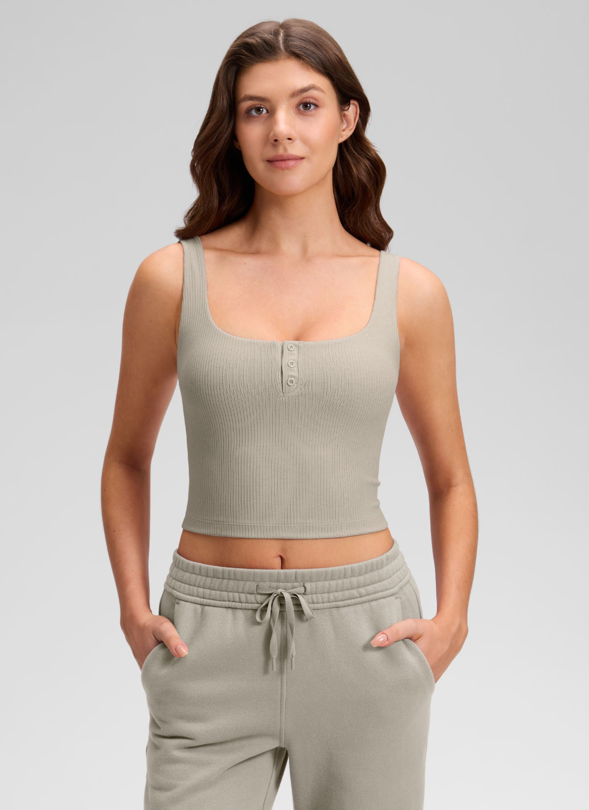 Ribbed Henley Neck Built in Bra Tank